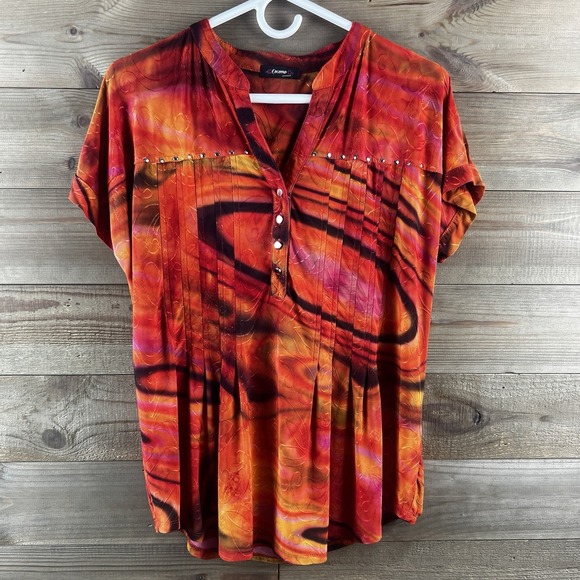 Cocomo Tops - Cocomo Womens Shirt Short Sleeve Pleated Pintuck Button Embellished Tie Dye XL